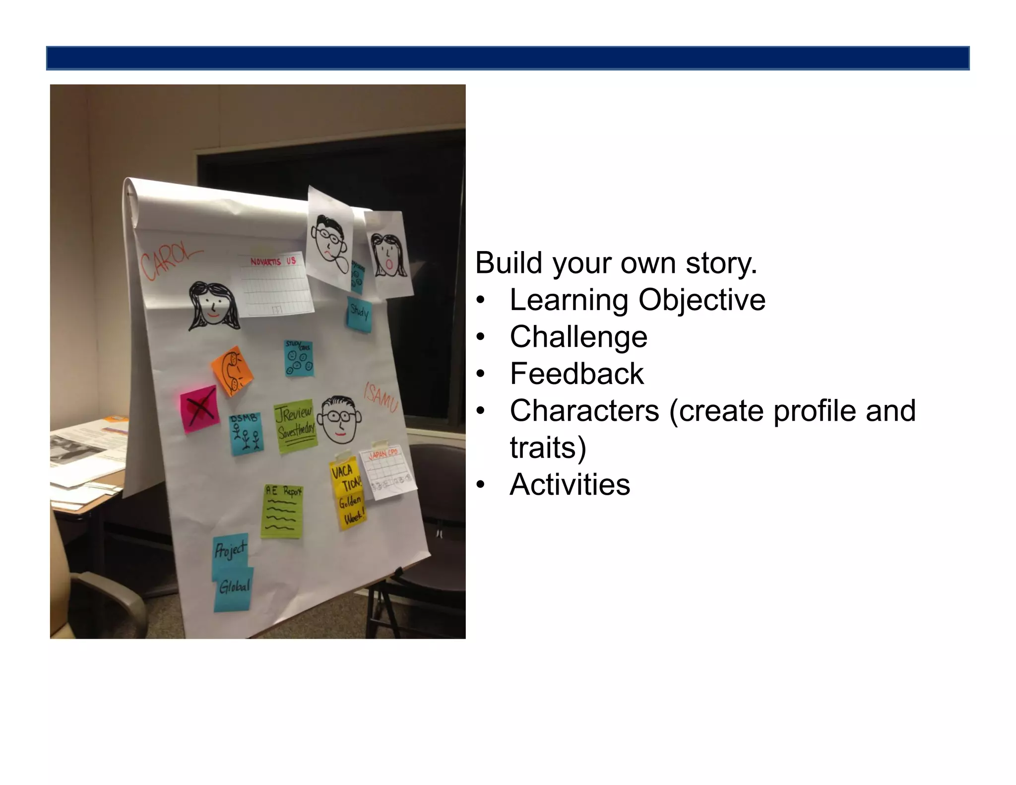 Build your own story.
• Learning Objective
• Challenge
• Feedback
• Characters (create profile and
traits)
• Activities
 