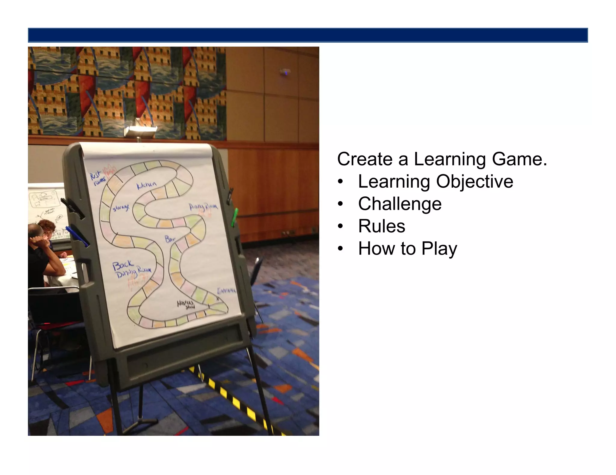 Game Design
Create a Learning Game.
• Learning Objective
• Challenge
• Rules
• How to Play
 