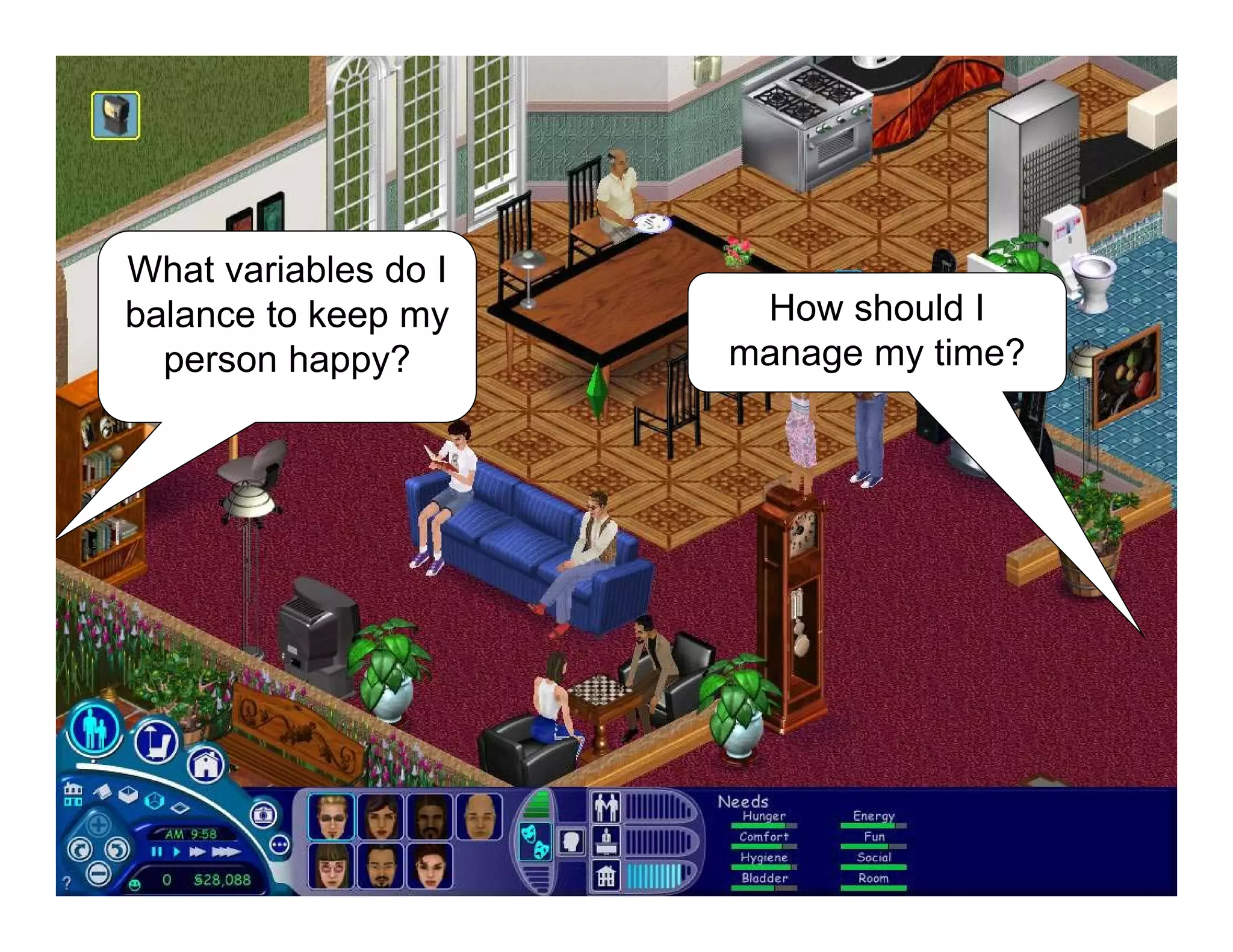 What variables do I
balance to keep my
person happy?
How should I
manage my time?
 