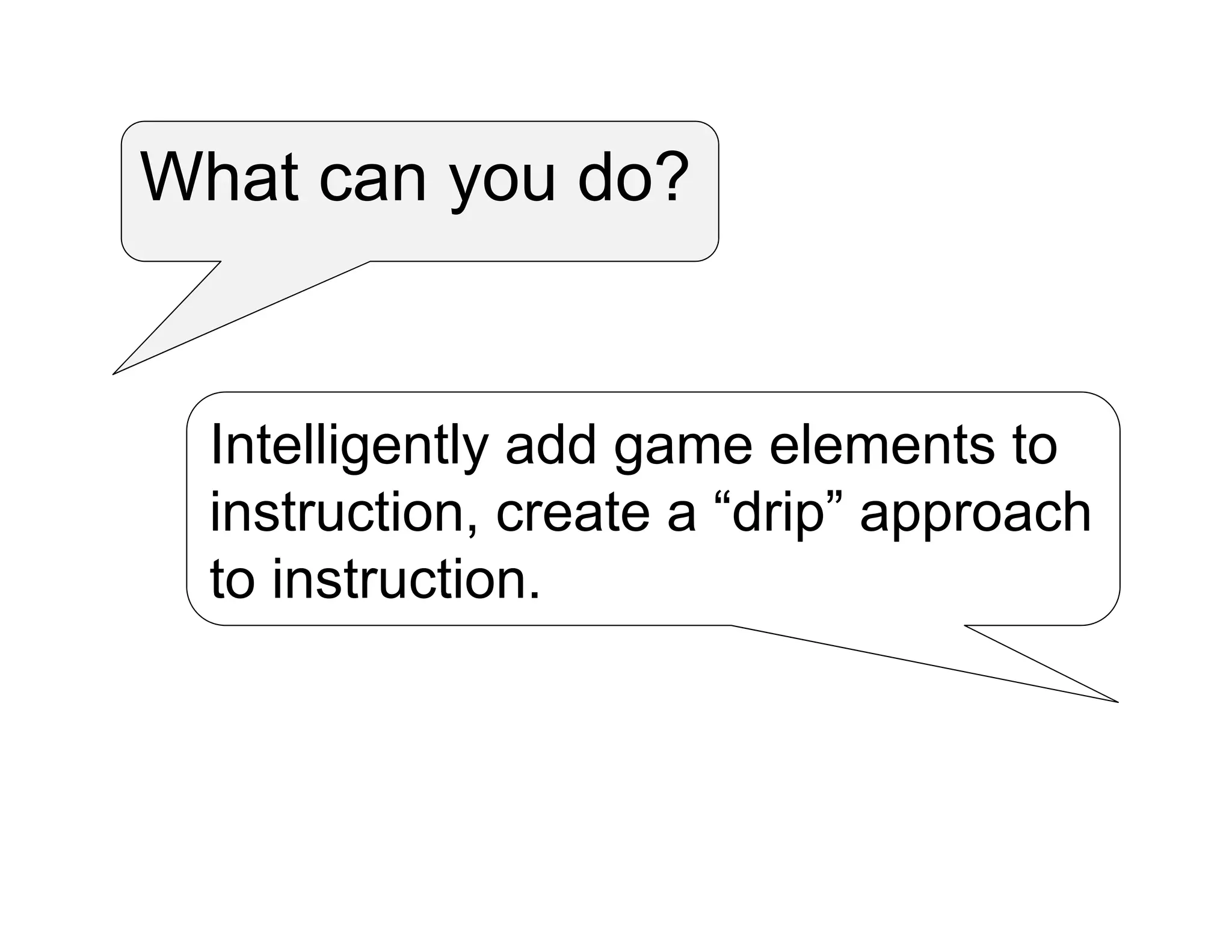 What can you do?
Intelligently add game elements to
instruction, create a “drip” approach
to instruction.
 