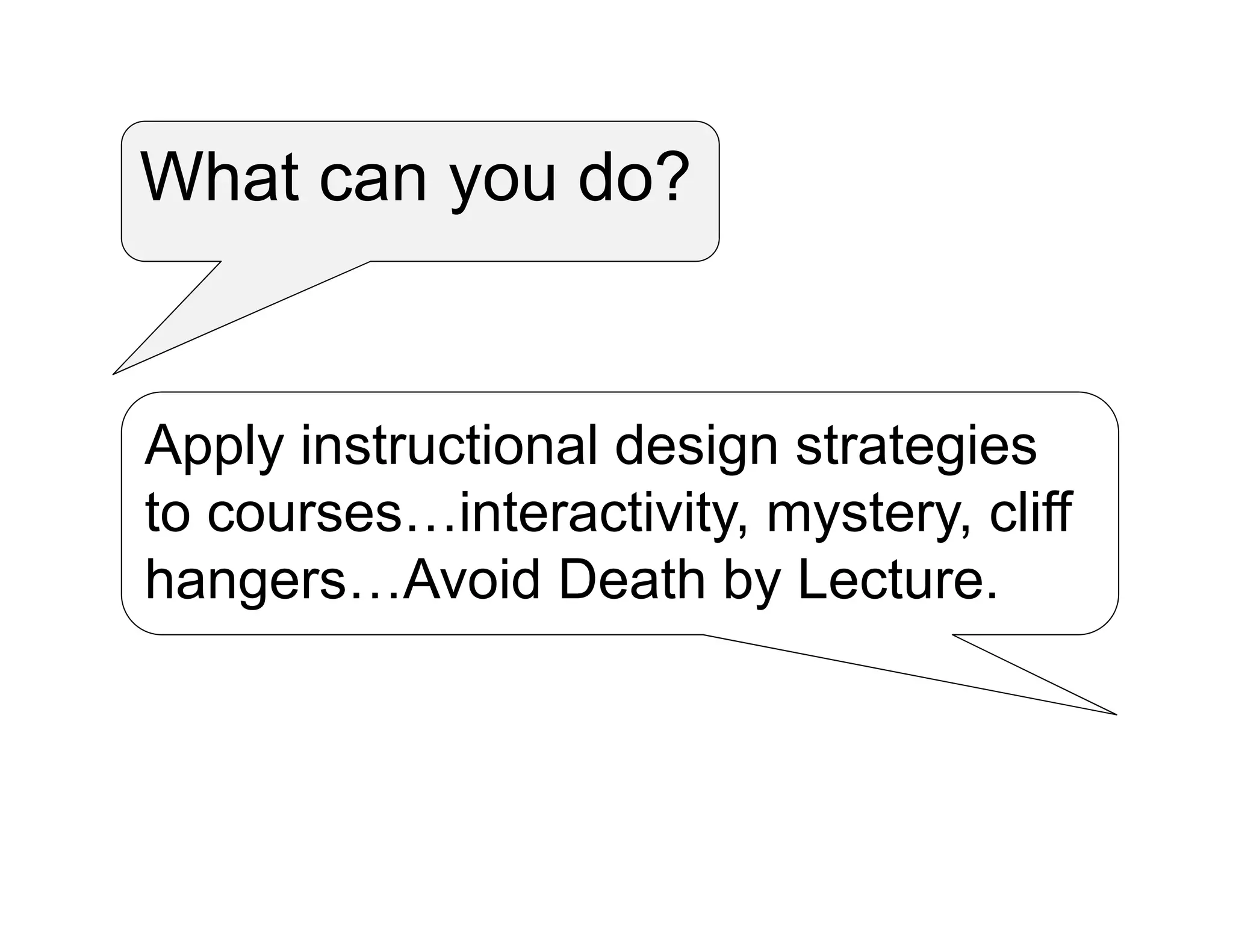 What can you do?
Apply instructional design strategies
to courses…interactivity, mystery, cliff
hangers…Avoid Death by Lecture.
 