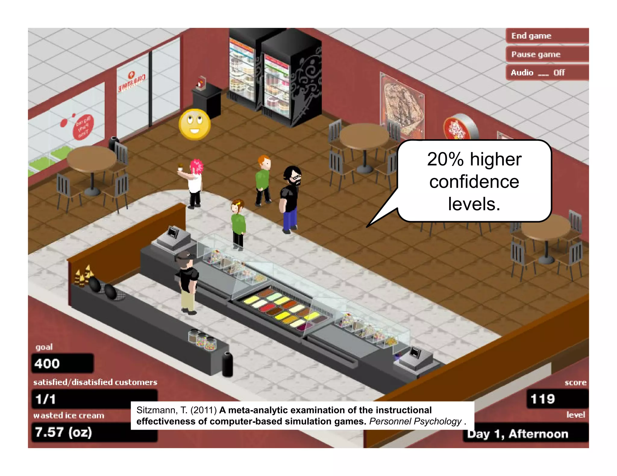 Sitzmann, T. (2011) A meta-analytic examination of the instructional
effectiveness of computer-based simulation games. Personnel Psychology .
20% higher
confidence
levels.
 