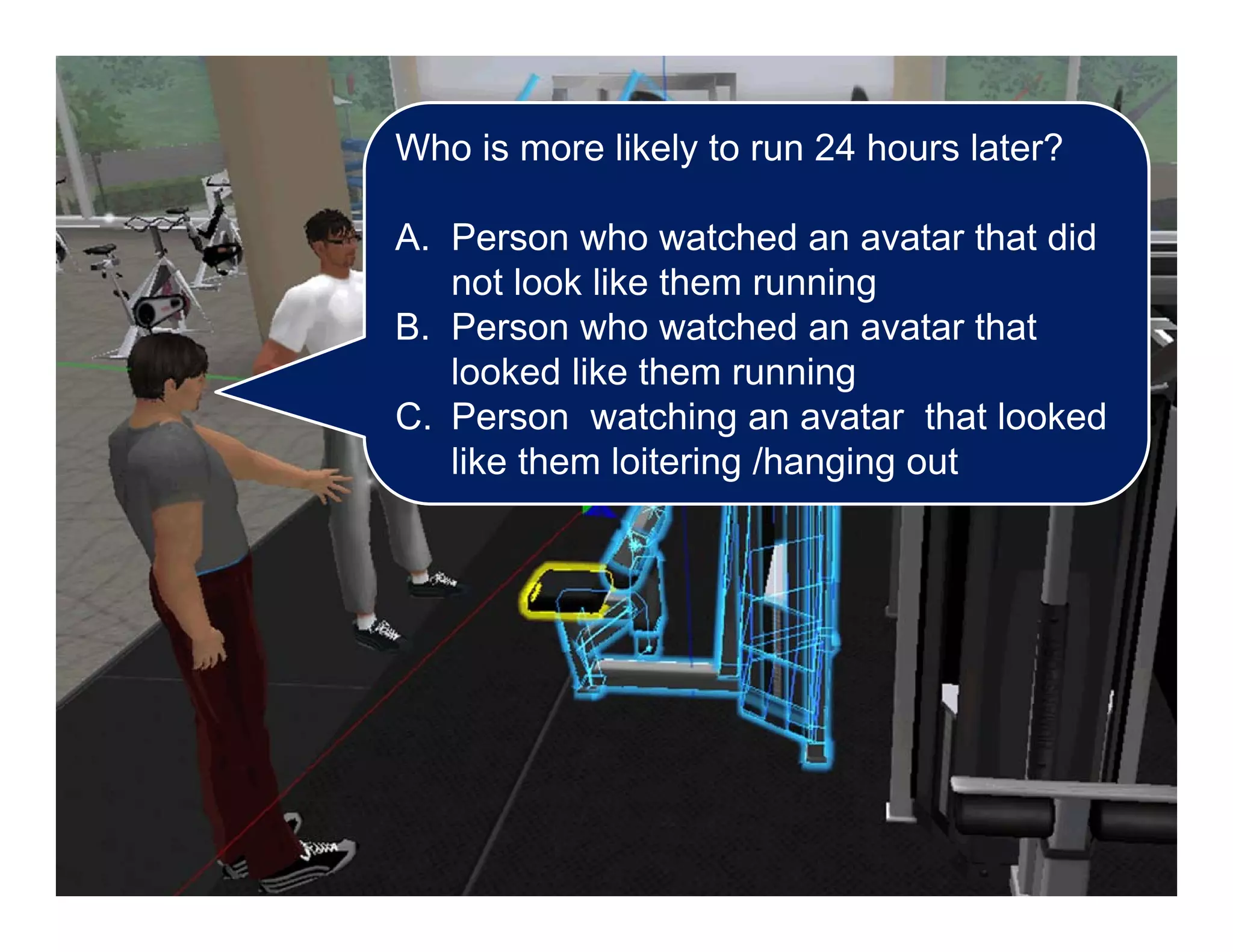 Who is more likely to run 24 hours later?
A. Person who watched an avatar that did
not look like them running
B. Person who watched an avatar that
looked like them running
C. Person watching an avatar that looked
like them loitering /hanging out
 