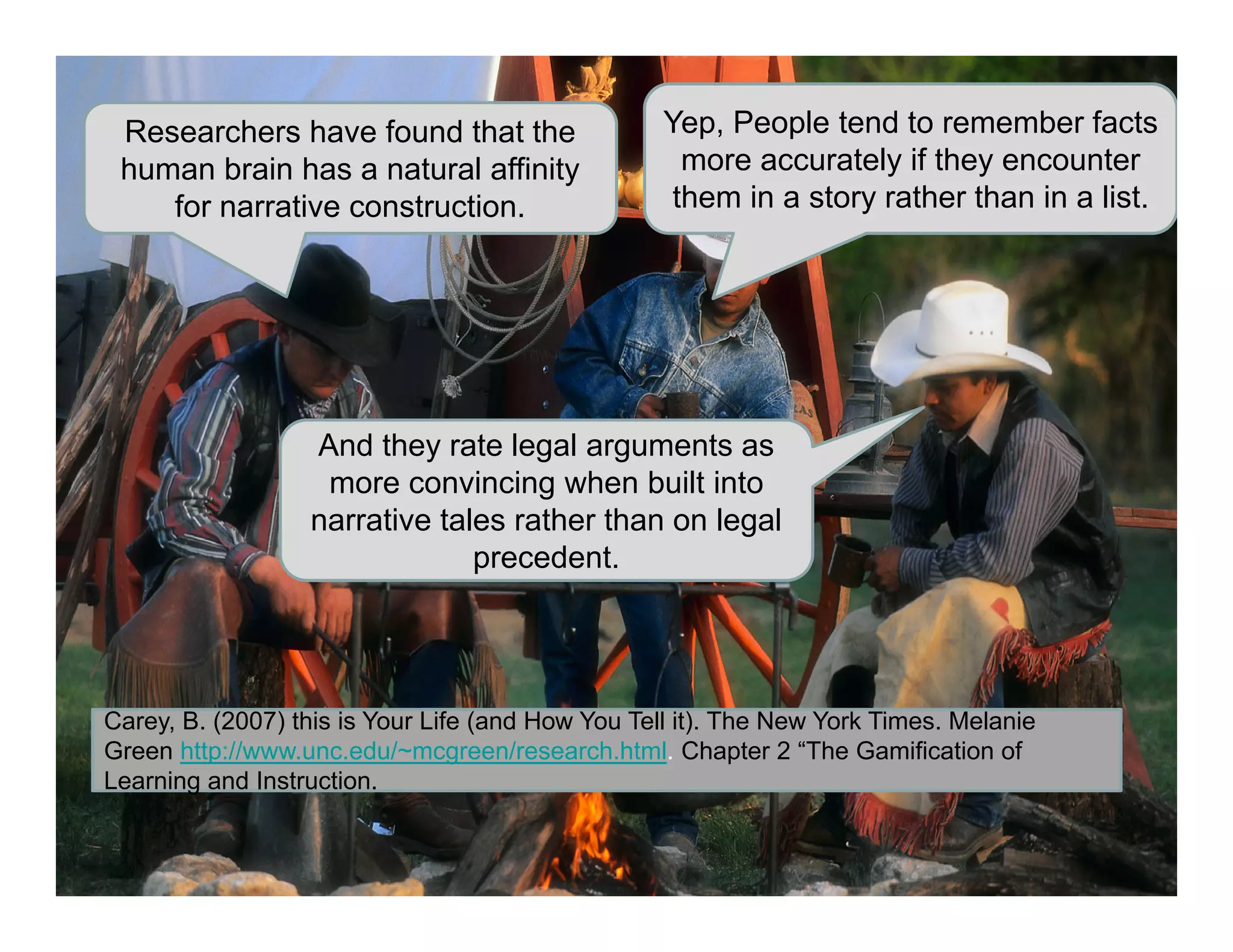 Researchers have found that the
human brain has a natural affinity
for narrative construction.
Yep, People tend to remember facts
more accurately if they encounter
them in a story rather than in a list.
And they rate legal arguments as
more convincing when built into
narrative tales rather than on legal
precedent.
g
Carey, B. (2007) this is Your Life (and How You Tell it). The New York Times. Melanie
Green http://www.unc.edu/~mcgreen/research.html. Chapter 2 “The Gamification of
Learning and Instruction.
 