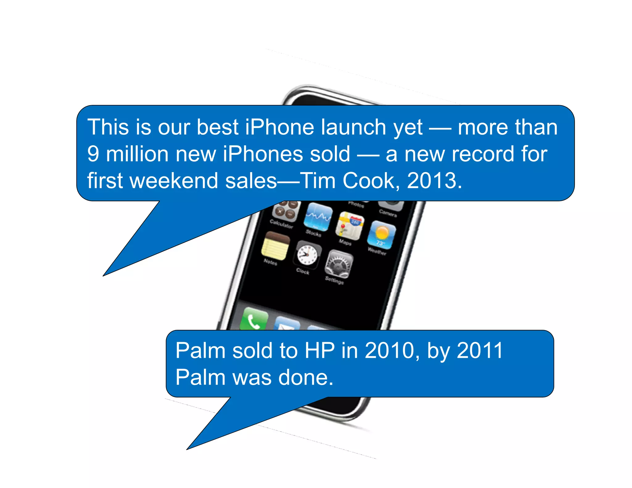 This is our best iPhone launch yet — more than
9 million new iPhones sold — a new record for
first weekend sales—Tim Cook, 2013.
Palm sold to HP in 2010, by 2011
Palm was done.
 