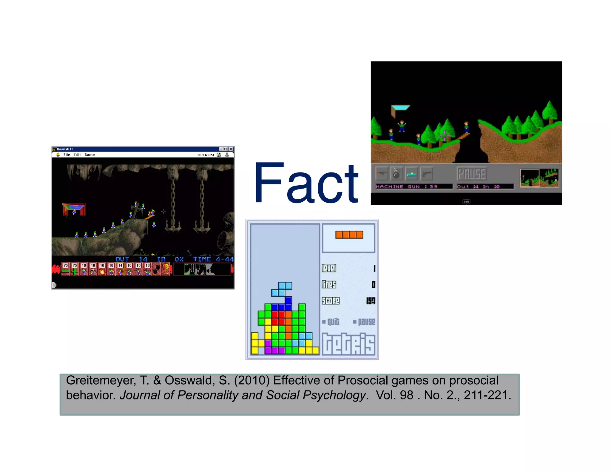 Greitemeyer, T. & Osswald, S. (2010) Effective of Prosocial games on prosocial
behavior. Journal of Personality and Social Psychology. Vol. 98 . No. 2., 211-221.
Fact
 