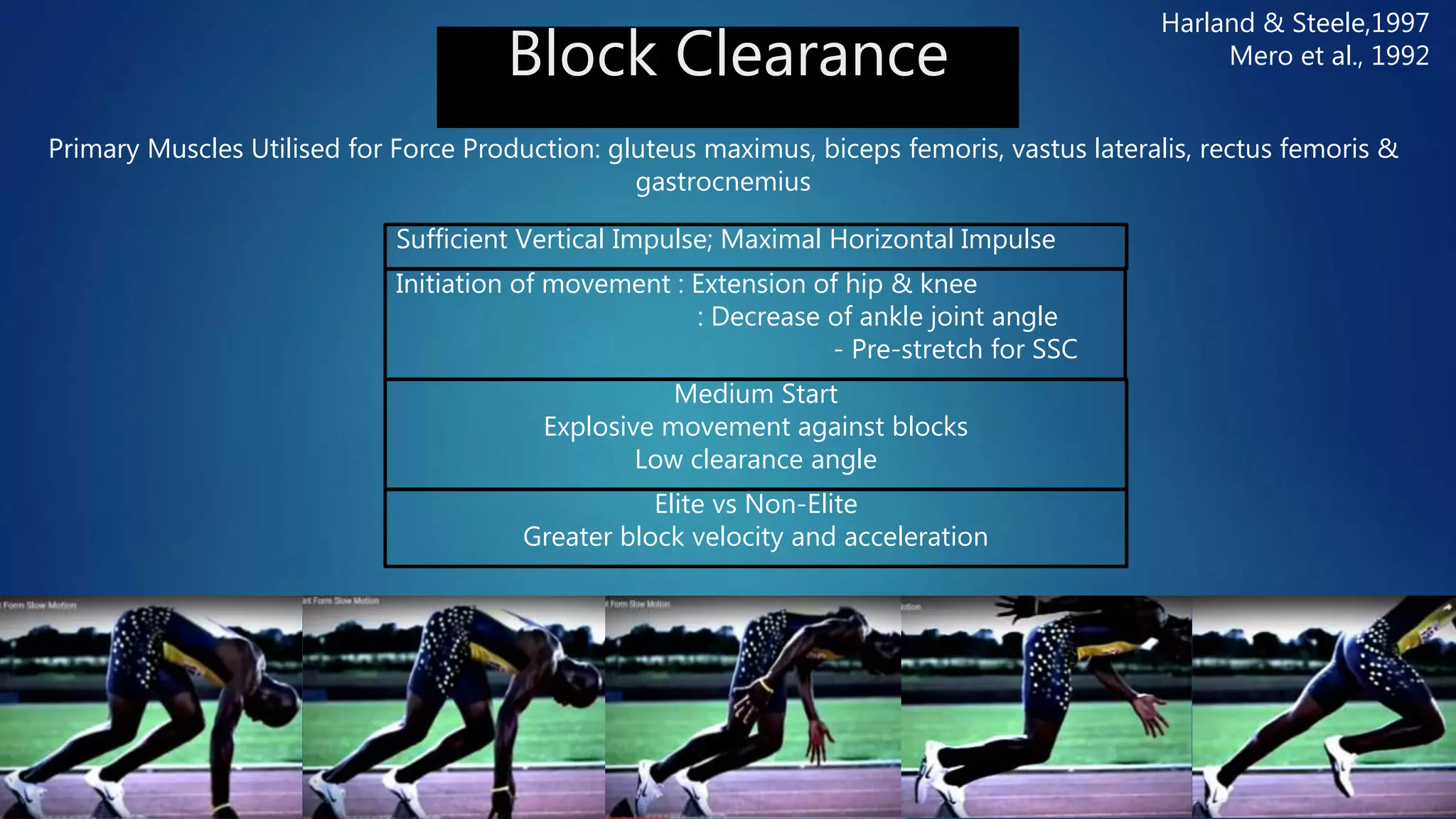 Block Clearance
Primary Muscles Utilised for Force Production: gluteus maximus, biceps femoris, vastus lateralis, rectus femoris &
gastrocnemius
Sufficient Vertical Impulse; Maximal Horizontal Impulse
Initiation of movement : Extension of hip & knee
: Decrease of ankle joint angle
- Pre-stretch for SSC
Elite vs Non-Elite
Greater block velocity and acceleration
Medium Start
Explosive movement against blocks
Low clearance angle
Harland & Steele,1997
Mero et al., 1992
 