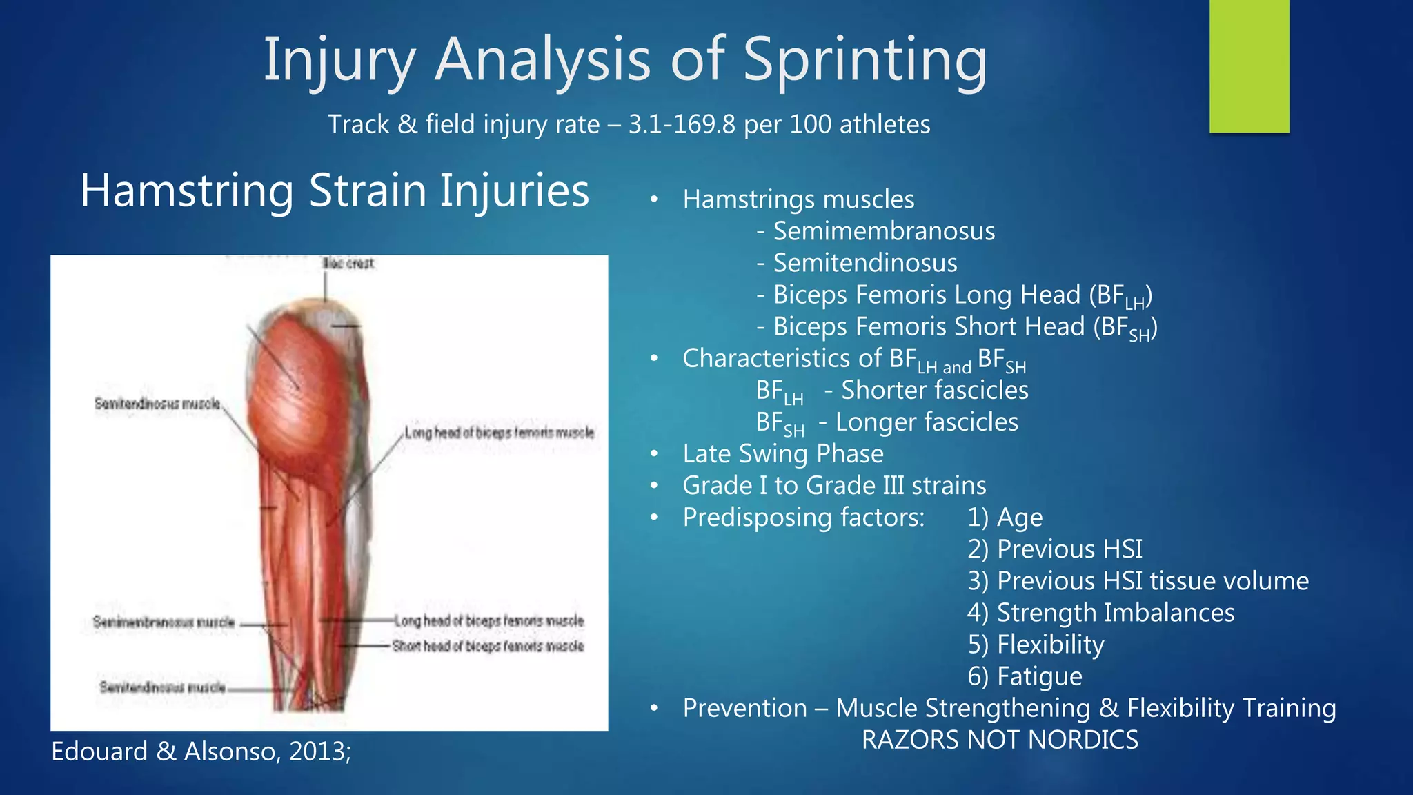 Injury Analysis of Sprinting
Hamstring Strain Injuries
Track & field injury rate – 3.1-169.8 per 100 athletes
• Hamstrings muscles
- Semimembranosus
- Semitendinosus
- Biceps Femoris Long Head (BFLH)
- Biceps Femoris Short Head (BFSH)
• Characteristics of BFLH and BFSH
BFLH - Shorter fascicles
BFSH - Longer fascicles
• Late Swing Phase
• Grade I to Grade III strains
• Predisposing factors: 1) Age
2) Previous HSI
3) Previous HSI tissue volume
4) Strength Imbalances
5) Flexibility
6) Fatigue
• Prevention – Muscle Strengthening & Flexibility Training
RAZORS NOT NORDICSEdouard & Alsonso, 2013;
 