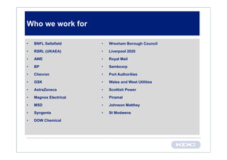 Who we work for

•   BNFL Sellafield     •   Wrexham Borough Council

•   RSRL (UKAEA)        •   Liverpool 2020

•   AWE                 •   Royal Mail

•   BP                  •   Sembcorp

•   Chevron             •   Port Authorities

•   GSK                 •   Wales and West Utilities

•   AstraZeneca         •   Scottish Power

•   Magnox Electrical   •   Piramal

•   MSD                 •   Johnson Matthey

•   Syngenta            •   St Modwens

•   DOW Chemical
 
