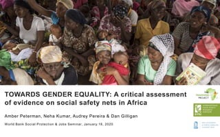 Amber Peterman, Neha Kumar, Audrey Pereira & Dan Gilligan
World Bank Social Protection & Jobs Seminar, January 16, 2020
TOWARDS GENDER EQUALITY: A critical assessment
of evidence on social safety nets in Africa
 