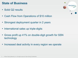 © Silver Spring Networks, Inc. All rights reserved. Silver Spring Confidential.
• Solid Q2 results
• Cash Flow from Operations of $10 million
• Strongest deployment quarter in 2 years
• International sales up triple-digits
• Gross profit up 41% on double-digit growth for SSN
technology
• Increased deal activity in every region we operate
State of Business
19
 