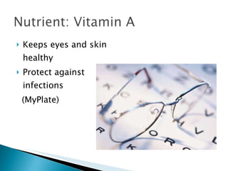 Keeps eyes and skin healthy Protect against infections  (MyPlate) 