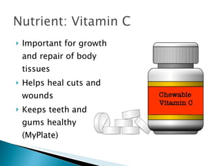 Important for growth and repair of body tissues Helps heal cuts and wounds Keeps teeth and gums healthy (MyPlate) 