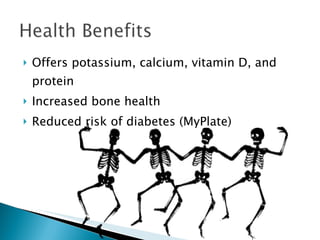 Offers potassium, calcium, vitamin D, and protein Increased bone health Reduced risk of diabetes (MyPlate) 