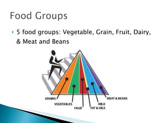5 food groups: Vegetable, Grain, Fruit, Dairy, & Meat and Beans 