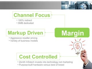 MarginMarkup Driven
Channel Focus
Cost Controlled
• 100% indirect
• SMB dedicated
• Zenith Infotech invests into technology not marketing
• Purpose-built hardware versus best of breed
• Aggressive reseller pricing
• Variety of business models
 