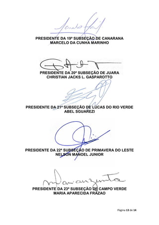 Página 13 de 14
PRESIDENTE DA 19ª SUBSEÇÃO DE CANARANA
MARCELO DA CUNHA MARINHO
PRESIDENTE DA 20ª SUBSEÇÃO DE JUARA
CHRISTIAN JACKS L. GASPAROTTO
PRESIDENTE DA 21ª SUBSEÇÃO DE LUCAS DO RIO VERDE
ABEL SGUAREZI
PRESIDENTE DA 22ª SUBSEÇÃO DE PRIMAVERA DO LESTE
NELSON MANOEL JUNIOR
PRESIDENTE DA 23ª SUBSEÇÃO DE CAMPO VERDE
MARIA APARECIDA FRAZAO
 