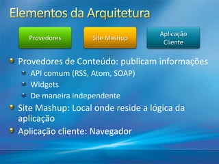 Aplicação
  Provedores       Site Mashup
                                    Cliente

Provedores de Conteúdo: publicam informações
   API comum (RSS, Atom, SOAP)
   Widgets
   De maneira independente
Site Mashup: Local onde reside a lógica da
aplicação
Aplicação cliente: Navegador
 