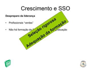 Crescimento e SSO Despreparo da liderança Profissionais “verdes” Não há formação de SSO nos cursos de graduação Seleção rigorosa Adequação da formação 