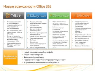 Новые возможности Office 365



•   Гибкие возможности            •   Голосовая почта с        •   Использование личных        •   Передача мгновенных
    использования —                   единой системой обмена       сайтов для управления и         сообщений и сведений
                                                                   совместного использования       о присутствии через
    повременная оплата и              сообщениями
                                                                   документов                      брандмауэры
    лицензирование                •   Интегрированная          •   Автономный доступ               Поиск в глобальном списке
    «на пользователя»                 функция создания
                                                                                               •
                                                                   к документам                    адресов и поиск по
•   Все возможности Office            личных архивов           •   Улучшенные сайты рабочих        навыкам
    с интеграцией служб в         •   Политики архивирования       групп и проектов                в SharePoint
    Office 365                        информации по                Разрешения на уровне
                                                               •                               •   Собрания по сети с общим
•   Всегда используется               юридическим причинам         документов для защиты           доступом к рабочему столу
    последняя версия Office,                                       конфиденциального
                                  •   Панель управления            контента                    •   Веб-каналы активности
    в том числе веб-                  Exchange
                                                                   Защищенный общий доступ     •   Фотографии контактов
    приложения Office                                          •
                                  •   Совместное                   к документам с помощью      •   Связь из карточек
•   Знакомый интерфейс                использование сведений       сайтов экстрасети               контактов Office
    Office для доступа к              о доступности                Поиск по семействам веб-
                                                               •                               •   Федерация Windows Live
    службам                                                        сайтов
                                  •   Локальное управление


                           •   Новый пользовательский интерфейс
                           •   Доступ на основе ролей
Возможности
                           •   Федерация (единый вход)
 платформы
                           •   Поддержка многофакторной проверки подлинности
                           •   Устранение ограничений масштабируемости
 