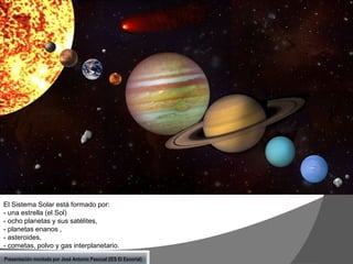 Cuerpos del Sistema Solar
El Sistema Solar está formado por:
- una estrella (el Sol)
- ocho planetas y sus satélites,
- planetas enanos ,
- asteroides,
- cometas, polvo y gas interplanetario.
Presentación montada por José Antonio Pascual (IES El Escorial)

 