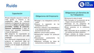 ❖Proteger a los trabajadores contra los
ruidos.
❖Evaluar la exposición de los
trabajadores al ruido.
❖Formas e informar a los trabajadores y
a sus representantes sobre las medidas
de prevención del ruido.
❖Realizar control medico auditivo.
❖Proporcionar equipos de protección
personal.
❖Acondicionar acústicamente los
centros de trabajo.
❖Mantener archivado los datos de
evaluaciones y controles médicos.
Obligaciones del Empresario
❖Conservar la vida y la salud.
❖Ser formados en la prevención de los
riesgos a los que están expuestos.
❖Participar en los programas de
prevención y evaluación de riesgos.
❖Estar presentes en la mediciones
acústicas.
❖Ser informados de los resultados y de
las medidas que deben adoptarse.
❖Seguir métodos de trabajo correcto
para no desvirtuar las mediciones.
Obligaciones y/o Derechos de
los Trabajadores
❖Cada trabajador expuesto a niveles de
ruido iguales o mayores a los
establecidos, debe ser instruido
mediante un programa de capacitación
acerca de los efectos a la salud, niveles
permisibles, medidas de protección,
exámenes audiométricos y sitios de
trabajos qué presenten condiciones
criticas de exposición.
❖El programa de capacitación se
debe repetir anualmente para cada
empleado.
❖La información proporcionada en el
programa de capacitación debe ser
actualizada, incluyendo prácticas de
trabajo y uso de equipos de protección
auditiva.
Capacitación
Ruido
 