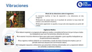 Efecto de las vibraciones sobre el organismo:
Es necesario clasificar el tipo de exposición a las vibraciones en dos
categorías
❖Vibración de cuerpo total: es el resultado de someter la masa total del
cuerpo a una vibración mecánica.
❖Vibración segmental: es aquella a la que solo esta expuesta una parte del
cuerpo.
Vigilancia Medica
❖Se deberá implantar un programa de vigilancia medica, concebido de formar tal que incluya a todos
los trabajadores que usen herramientas vibrantes de mano.
❖Un examen inicial de referencia típico para cada nuevo trabajador y para aquellos trabajadores ya
ocupacionalmente expuestos.
❖Los registros médicos deberán ser mantenidos a través de todo el tiempo de empleo y por un
periodo extensivo después de la terminación labora.
❖El trabajador expuesto a vibraciones que presenten síntomas relacionados con su exposición deberá
ser sometido a exámenes médicos.
Vibraciones
 
