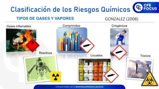 GONZALEZ (2008)
TIPOS DE GASES Y VAPORES
Gases inflamables
Reactivos
Comprimidos
Licuados
Criogénicos
Tóxicos
Clasificación de los Riesgos Químicos
 