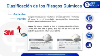•Partículas
•Polvos
Cuerpos minúsculos que resultan de procesos abrasivos y molienda
tal como lo es el esmerilado, quebramientos, rozamientos,
desgates, desprendimientos de fibras.
Polvos: Se forman cuando se lijan o trituran materiales sólidos.
Cuanto más fino sea el polvo, más flota en el aire y es más
probable que usted lo inhale sin percibirlo.
Clasificación de los Riesgos Químicos
 