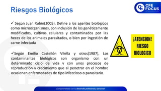 ✓ Según Juan Rubio(2005), Define a los agentes biológicos
como microorganismos, con inclusión de los genéticamente
modificados, cultivos celulares y contaminados por las
heces de los animales parasitados, o bien por ingestión de
carne infectada
✓Según Emilio Castellón Vilella y otros(1987), Los
contaminantes biológicos son organismo con un
determinado ciclo de vida y con unos procesos de
reproducción y crecimiento que al penetrar en el hombre
ocasionan enfermedades de tipo infeccioso o parasitario
Riesgos Biológicos
 