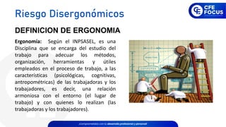 Ergonomía: Según el INPSASEL, es una
Disciplina que se encarga del estudio del
trabajo para adecuar los métodos,
organización, herramientas y útiles
empleados en el proceso de trabajo, a las
características (psicológicas, cognitivas,
antropométricas) de las trabajadoras y los
trabajadores, es decir, una relación
armoniosa con el entorno (el lugar de
trabajo) y con quienes lo realizan (las
trabajadoras y los trabajadores).
DEFINICION DE ERGONOMIA
Riesgo Disergonómicos
 