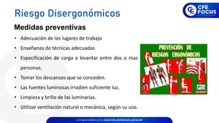 Medidas preventivas
• Adecuación de los lugares de trabajo
• Enseñanza de técnicas adecuadas
• Especificación de carga a levantar entre dos o mas
personas.
• Tomar los descansos que se conceden.
• Las fuentes luminosas irradien suficiente luz.
• Limpieza y brillo de las luminarias.
• Utilizar ventilación natural o mecánica, según su uso.
Riesgo Disergonómicos
 