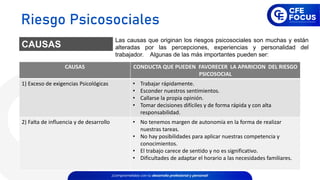 Las causas que originan los riesgos psicosociales son muchas y están
alteradas por las percepciones, experiencias y personalidad del
trabajador. Algunas de las más importantes pueden ser:
CAUSAS
CAUSAS CONDUCTA QUE PUEDEN FAVORECER LA APARICION DEL RIESGO
PSICOSOCIAL
1) Exceso de exigencias Psicológicas • Trabajar rápidamente.
• Esconder nuestros sentimientos.
• Callarse la propia opinión.
• Tomar decisiones difíciles y de forma rápida y con alta
responsabilidad.
2) Falta de influencia y de desarrollo • No tenemos margen de autonomía en la forma de realizar
nuestras tareas.
• No hay posibilidades para aplicar nuestras competencia y
conocimientos.
• El trabajo carece de sentido y no es significativo.
• Dificultades de adaptar el horario a las necesidades familiares.
Riesgo Psicosociales
 