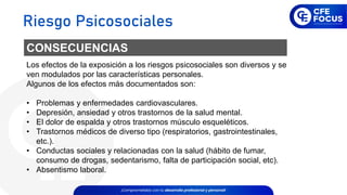 Los efectos de la exposición a los riesgos psicosociales son diversos y se
ven modulados por las características personales.
Algunos de los efectos más documentados son:
• Problemas y enfermedades cardiovasculares.
• Depresión, ansiedad y otros trastornos de la salud mental.
• El dolor de espalda y otros trastornos músculo esqueléticos.
• Trastornos médicos de diverso tipo (respiratorios, gastrointestinales,
etc.).
• Conductas sociales y relacionadas con la salud (hábito de fumar,
consumo de drogas, sedentarismo, falta de participación social, etc).
• Absentismo laboral.
CONSECUENCIAS
Riesgo Psicosociales
 