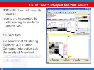 Ex. Of Tool to interpret SSONDE results
SSONDE does not have its
  own GUI,
results are interpreted by
  elaborating its similarity
  matrix via

1) Excel files
2) Hierarchical Clustering
Explorer, 3.0, Human-
Computer Interaction Lab
University of Maryland.
http://www.cs.umd.edu/hcil/
multi-cluster/.

                                                             14
 