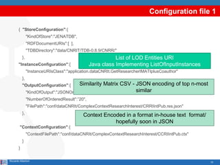 Configuration file 1

        { "StoreConfiguration":{
                 "KindOfStore":"JENATDB",
                 "RDFDocumentURIs":[ ],
                 "TDBDirectory":"data/CNRIT/TDB-0.8.9/CNRR/"
            },                                              List of LOD Entities URI
        "InstanceConfiguration":{                Java class Implementing ListOfInputInstances
                 "InstanceURIsClass":"application.dataCNRIt.GetResearcherIMATIplusCoauthor"
            },
            "OutputConfiguration":{       Similarity Matrix CSV - JSON encoding of top n-most
                 "KindOfOutput":"JSONOrderedResult",              similar
                 "NumberOfOrderedResult":”20",
                 "FilePath":"conf/dataCNRIt/ComplexContextResearchInterest/CRRIIntPub.res.json"
            },                               Context Encoded in a format in-house text format/
                                                         hopefully soon in JSON
         "ContextConfiguration":{
                 "ContextFilePath":"conf/dataCNRIt/ComplexContextResearchInterest/CCRIIntPub.ctx"
            }
        }

Riccardo Albertoni                                                                                  10
 