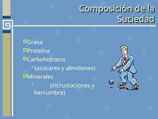 Grasa
Proteína
Carbohidratos
(azúcares y almidones)
Minerales
 (incrustaciones y
herrumbre)
Composición de la
Suciedad
 