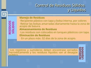 Manejo de Residuos
•Recipiente plástico con tapa y bolsa interna, por colores
•Retirar las bolsas amarradas diariamente hasta la zona de
acopio de basura.
Almacenamiento de Residuos
•Los residuos son colocados en tanques plásticos con tapa.
Eliminación de Residuos
• En un plazo máx. 02 días de la zona de acopio.
RESIDUOS
SÓLIDOS
RESIDUOS
LIQUIDOS
•Los registros y sumideros deben encontrase cerrados
herméticamente y los residuos líquidos van al desagüe
público.
Control de Residuos Sólidos
y Líquidos
 