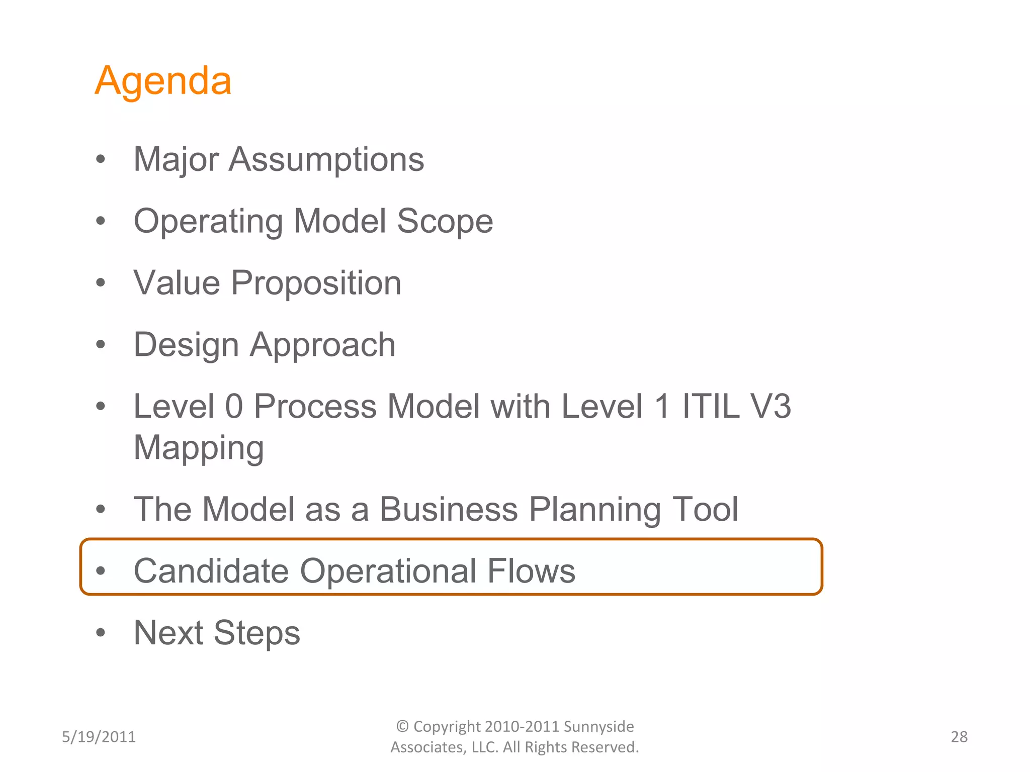 Strategy & Service Operations and SupportHigh Level-Process ModelService Lifecycle ManagementBusiness Strategy, Architecture & PlanningService Management and OperationsService FulfillmentService AssuranceCustomer ServiceService Development & ManagementService Configuration & ActivationResource Development & ManagementService Quality ManagementSupplier Development & ManagementThe Operating Model shows seven vertical process groupings that are the end-to-end processes that are required to support customers and to manage operations