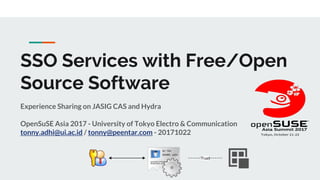 SSO Services with Free/Open
Source Software
Experience Sharing on JASIG CAS and Hydra
OpenSuSE Asia 2017 - University of Tokyo Electro & Communication
tonny.adhi@ui.ac.id / tonny@peentar.com - 20171022
 