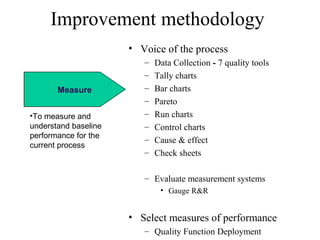 Measure
Improvement methodology
• Voice of the process
– Data Collection - 7 quality tools
– Tally charts
– Bar charts
– Pareto
– Run charts
– Control charts
– Cause & effect
– Check sheets
– Evaluate measurement systems
• Gauge R&R
• Select measures of performance
– Quality Function Deployment
•To measure and
understand baseline
performance for the
current process
 