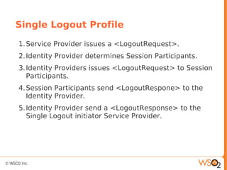 Single Logout Profile
1.Service Provider issues a <LogoutRequest>.
2.Identity Provider determines Session Participants.
3.Identity Providers issues <LogoutRequest> to Session
Participants.
4.Session Participants send <LogoutRespone> to the
Identity Provider.
5.Identity Provider send a <LogoutResponse> to the
Single Logout initiator Service Provider.
 