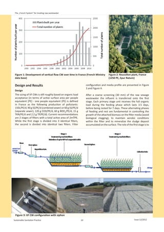The „French System“ for treating raw wastewater




 Figure 1: Development of vertical flow CW over time in France (French Ministry           Figure 2: Roussillon plant, France
 data base)                                                                               (1250 PE, Epur Nature)

 Design and Results                                                 configuration and media profile are presented in Figure
                                                                    3 and Figure 4.
 Design
 The sizing of VF CWs is still roughly based on organic load        After a coarse screening (30 mm) of the raw sewage
 acceptance (in terms of active surface area per people             wastewater the influent is transferred onto the first
 equivalent [PE] - one people equivalent (PE) is defined            stage. Each primary stage unit receives the full organic
 in France as the following production of pollutants:               load during the feeding phase which lasts 3.5 days,
 150L/PE/d, 90 g SS/PE/d (combined sewer) or 60 g SS/PE/d           before being rested for 7 days. These alternating phases
 (separate sewer), 120 g COD/PE/d, 60 g BOD5/PE/d, 15 g             of feeding and rest are fundamental in controlling the
 TKN/PE/d and 2.2 g TP/PE/d). Current recommendations               growth of the attached biomass on the filter media (avoid
 are 2 stages of filters with a total active area of 2m²/PE.        biological clogging), to maintain aerobic conditions
 While the first stage is divided into 3 identical filters,         within the filter and to mineralize the sludge deposit
 the second is divided into identical two filters. Filter           accumulated on the surface. The role of the first stage is to




 Figure 3: VF CW configuration with siphon
Sustainable Sanitation Practice                                10                                                 Issue 12/2012
 