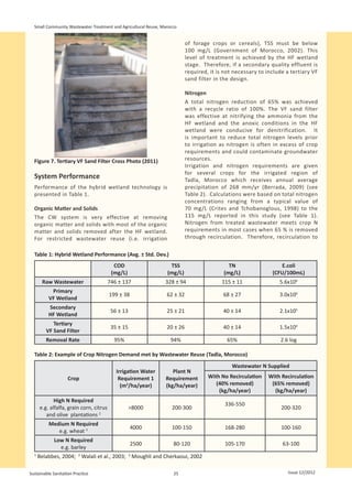 Small Community Wastewater Treatment and Agricultural Reuse, Marocco


                                                                           of forage crops or cereals), TSS must be below
                                                                           100 mg/L (Government of Morocco, 2002). This
                                                                           level of treatment is achieved by the HF wetland
  	                                                                        stage. Therefore, if a secondary quality effluent is
                                                                           required, it is not necessary to include a tertiary VF
                                                                           sand filter in the design.

                                                                           Nitrogen
                                                                           A total nitrogen reduction of 65% was achieved
                                                                           with a recycle ratio of 100%. The VF sand filter
                                                                           was effective at nitrifying the ammonia from the
                                                                           HF wetland and the anoxic conditions in the HF
                                                                           wetland were conducive for denitrification. It
                                                                           is important to reduce total nitrogen levels prior
                                                                           to irrigation as nitrogen is often in excess of crop
                                                                           requirements and could contaminate groundwater
  Figure 7. Tertiary VF Sand Filter Cross Photo (2011)                     resources.
                                                                           Irrigation and nitrogen requirements are given
                                                                           for several crops for the irrigated region of
  System Performance                                                       Tadla, Morocco which receives annual average
  Performance of the hybrid wetland technology is                          precipitation of 268 mm/yr (Berrada, 2009) (see
  presented in Table 1.                                                    Table 2). Calculations were based on total nitrogen
                                                                           concentrations ranging from a typical value of
  Organic Matter and Solids                                                70 mg/L (Crites and Tchobanoglous, 1998) to the
  The CW system is very effective at removing                              115 mg/L reported in this study (see Table 1).
  organic matter and solids with most of the organic                       Nitrogen from treated wastewater meets crop N
  matter and solids removed after the HF wetland.                          requirements in most cases when 65 % is removed
  For restricted wastewater reuse (i.e. irrigation                         through recirculation. Therefore, recirculation to

  Table 1: Hybrid Wetland Performance (Avg. ± Std. Dev.)
                                           COD                    TSS                       TN                    E.coli
                                          (mg/L)                 (mg/L)                   (mg/L)              (CFU/100mL)
       Raw Wastewater                    746 ± 137              328 ± 94                  115 ± 11               5.6x106
           Primary
                                         199 ± 38                62 ± 32                  68 ± 27                3.0x106
          VF Wetland
          Secondary
                                          56 ± 13                25 ± 21                  40 ± 14                2.1x105
          HF Wetland
            Tertiary
                                          35 ± 15                20 ± 26                  40 ± 14                1.5x104
         VF Sand Filter
         Removal Rate                      95%                     94%                      65%                  2.6 log

  Table 2: Example of Crop Nitrogen Demand met by Wastewater Reuse (Tadla, Morocco)
                                                                                              Wastewater N Supplied
                                            Irrigation Water       Plant N
                    Crop                     Requirement 1      Requirement         With No Recirculation   With Recirculation
                                              (m3/ha/year)      (kg/ha/year)           (40% removed)         (65% removed)
                                                                                        (kg/ha/year)          (kg/ha/year)
             High N Required
                                                                                           336-550
      e.g. alfalfa, grain corn, citrus              >8000          200-300                                        200-320
         and olive plantations 2
          Medium N Required
                                                    4000           100-150                 168-280                100-160
             e.g. wheat 3
            Low N Required
                                                    2500            80-120                 105-170                63-100
              e.g. barley
  1
      Belabbes, 2004; 2 Walali et al., 2003; 3 Moughli and Cherkaoui, 2002

Sustainable Sanitation Practice                                     25                                              Issue 12/2012
 