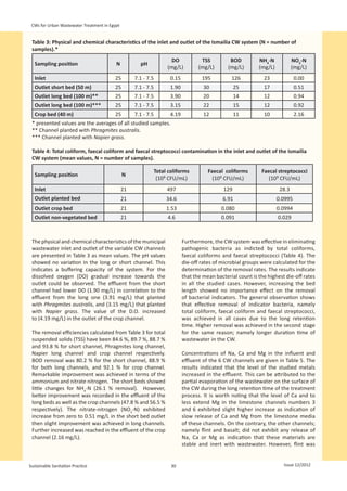 CWs for Urban Wastewater Treatment in Egypt


 Table 3: Physical and chemical characteristics of the inlet and outlet of the Ismailia CW system (N = number of
 samples).*
                                                                       DO             TSS          BOD         NH4-N            NO3-N
  Sampling position                       N           pH
                                                                     (mg/L)          (mg/L)       (mg/L)       (mg/L)           (mg/L)
  Inlet                                  25         7.1 - 7.5          0.15           195          126           23              0.00
  Outlet short bed (50 m)                25         7.1 - 7.5          1.90            30             25         17              0.51
  Outlet long bed (100 m)**              25         7.1 - 7.5          3.90            20             14         12              0.94
  Outlet long bed (100 m)***             25         7.1 - 7.5          3.15            22             15         12              0.92
  Crop bed (40 m)                        25         7.1 - 7.5          4.19            12             11         10              2.16
 * presented values are the averages of all studied samples.
 ** Channel planted with Phragmites australis.
 *** Channel planted with Napier grass.

 Table 4: Total coliform, faecal coliform and faecal streptococci contamination in the inlet and outlet of the Ismailia
 CW system (mean values, N = number of samples).

                                                                Total coliforms          Faecal coliforms       Faecal streptococci
  Sampling position                            N
                                                                 (10³ CFU/mL)              (10³ CFU/mL)            (10³ CFU/mL)
  Inlet                                        21                    497                        129                      28.3
  Outlet planted bed                           21                    34.6                      6.91                     0.0995
  Outlet crop bed                              21                    1.53                      0.080                    0.0994
  Outlet non-vegetated bed                     21                    4.6                       0.091                    0.029



 The physical and chemical characteristics of the municipal                   Furthermore, the CW system was effective in eliminating
 wastewater inlet and outlet of the variable CW channels                      pathogenic bacteria as indicted by total coliforms,
 are presented in Table 3 as mean values. The pH values                       faecal coliforms and faecal streptococci (Table 4). The
 showed no variation in the long or short channel. This                       die-off rates of microbial groups were calculated for the
 indicates a buffering capacity of the system. For the                        determination of the removal rates. The results indicate
 dissolved oxygen (DO) gradual increase towards the                           that the mean bacterial count is the highest die-off rates
 outlet could be observed. The effluent from the short                        in all the studied cases. However, increasing the bed
 channel had lower DO (1.90 mg/L) in correlation to the                       length showed no importance effect on the removal
 effluent from the long one (3.91 mg/L) that planted                          of bacterial indicators. The general observation shows
 with Phragmites australis, and (3.15 mg/L) that planted                      that effective removal of indicator bacteria, namely
 with Napier grass. The value of the D.O. increased                           total coliform, faecal coliform and faecal streptococci,
 to (4.19 mg/L) in the outlet of the crop channel.                            was achieved in all cases due to the long retention
                                                                              time. Higher removal was achieved in the second stage
 The removal efficiencies calculated from Table 3 for total                   for the same reason; namely longer duration time of
 suspended solids (TSS) have been 84.6 %, 89.7 %, 88.7 %                      wastewater in the CW.
 and 93.8 % for short channel, Phragmites long channel,
 Napier long channel and crop channel respectively.                           Concentrations of Na, Ca and Mg in the influent and
 BOD removal was 80.2 % for the short channel, 88.9 %                         effluent of the 6 CW channels are given in Table 5. The
 for both long channels, and 92.1 % for crop channel.                         results indicated that the level of the studied metals
 Remarkable improvement was achieved in terms of the                          increased in the effluent. This can be attributed to the
 ammonium and nitrate nitrogen. The short beds showed                         partial evaporation of the wastewater on the surface of
 little changes for NH4-N (26.1 % removal). However,                          the CW during the long retention time of the treatment
 better improvement was recorded in the effluent of the                       process. It is worth noting that the level of Ca and to
 long beds as well as the crop channels (47.8 % and 56.5 %                    less extend Mg in the limestone channels numbers 3
 respectively). The nitrate-nitrogen (NO3-N) exhibited                        and 6 exhibited slight higher increase as indication of
 increase from zero to 0.51 mg/L in the short bed outlet                      slow release of Ca and Mg from the limestone media
 then slight improvement was achieved in long channels.                       of these channels. On the contrary, the other channels;
 Further increased was reached in the effluent of the crop                    namely flint and basalt; did not exhibit any release of
 channel (2.16 mg/L).                                                         Na, Ca or Mg as indication that these materials are
                                                                              stable and inert with wastewater. However, flint was


Sustainable Sanitation Practice                                        30                                                 Issue 12/2012
 