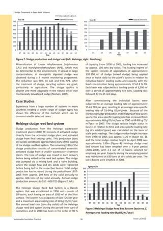 Sludge Treatment in Reed Beds Systems




   Figure 2: Sludge production and sludge load (left: Helsinge, right: Nordborg)
   Mineralisation of Linear Alkylbenzene Sulphonates               of capacity. From 2000 to 2005, loading has increased
   (LAS) and Nonylphenolethoxylates (NPE), which may               by approx. 130 tons dry solids. The loading regime of
   be detrimental to the environment, if spread in large           the system consists of applications of approximately
   concentrations, in mesophilic digested sludge was               130-150 m3 of sludge (mixed sludge) being applied
   observed during a 9 month monitoring programme.                 once or twice daily to the plant’s basins in relation to
   The reduction was 98% for LAS and 93% NPE. After                individual basins’ loading quota and capacity, with the
   the treatment of sludge, recycling options are good,            feed concentration being approximately. 0.5-0.8 % DS.
   particularly in agriculture. The sludge quality is              Each basin was subjected to a loading quota of 1,500 m3
   cleaner and more adaptable in the natural cycle than            over a period of approximately 6-8 days. Loading was
   mechanically dewatered sludge (Nielsen, 2005).                  followed by 45-65 rest days.

   Case Studies                                                    After commissioning the individual basins were
                                                                   subjected to an average loading rate of approximately
   Experience from a large number of systems in many               55-65 TDS per year, resulting in an average area-specific
   countries treating a whole range of sludge types has            loading rate of 55-64kg DS/m2/year. Because of the
   shown the efficiency of the method, which can be                increasing sludge production and emptying of two basins
   demonstrated in selected cases.                                 yearly, the area-specific loading rate has increased from
                                                                   approximately 46 kg DS/m2/year in 2000 to 68-88 kg DS/
   Helsinge sludge reed bed system                                 m2/year in 2007. The sludge residue height status in
                                                                   basin 1 in relation to time and area-specific loading rate
   Sludge production from the Helsinge wastewater
                                                                   (kg dry solid/m2/year) was calculated on the basis of
   treatment plant (42000 PE) consists of activated sludge
                                                                   scale pole readings. The sludge residue height increase
   directly from the activated sludge plant and activated
                                                                   from 1998 to 2005 was approx. 1.20 m (basin no. 1),
   sludge from final settling tanks. This production (tons
                                                                   and the total sludge residue height by April 2008 was
   dry solids) constitutes approximately 66% of the loading
                                                                   approximately 1.60m (Figure 4). Helsinge sludge reed
   of the sludge reed bed system. The remaining 33% of the
                                                                   bed system has been emptied over a 4-year period
   sludge production consists of concentrated anaerobic
                                                                   (2005-2008), with 2-3 out of 10 basins selected for
   activated sludge from 4 smaller wastewater treatment
                                                                   emptying per year. Capacity during the emptying period
   plants. The type of sludge was mixed in each delivery
                                                                   was maintained at 630 tons of dry solids per year. The
   before being added to the reed bed system. The sludge
                                                                   last 3 basins were emptied in 2008.
   was pumped via a mixing tank and a valve building,
   where the sludge flow and dry solids were registered
   before being led to the respective basins. Total sludge
   production has increased during the period from 1997-
   2005 from approx. 209 tons of dry solid annually to
   approx. 606 tons of dry solid annually. Annual sludge
   production amounts to 550 - 600 TDS (Figure 2, left).

   The Helsinge Sludge Reed Bed System is a Danish
   system that was established in 1996 and consists of
   10 basins, each having an area of 1050 m2 at the filter
   surface. The system has a capacity of 630 TDS per year
   and a maximum area loading rate of 60 kg DS/m2/year.
   The annual load rate (tons dry solids) of the Helsinge
   sludge reed bed system during the period from start of          Figure 3 Helsinge Sludge Reed Bed System (basin no.1)
   operations and to 2010 has been in the order of 90 %
                                                                   Average area loading rate (kg DS/m2/year)

 Sustainable Sanitation Practice                              36                                               Issue 12/2012
 