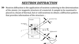 NEUTRON DIFFRACTION
Neutron diffraction is the application of neutron scattering to the determination
of the atomic /or magnetic structure of a material: A sample to be examined is
placed in a beam of thermal, hot or cold neutrons to obtain a diffraction pattern
that provides information of the structure ...
 