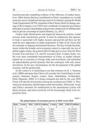 30	 Zdzisław W. Puślecki	 ŚSP 3 ’16
transition provide compelling evidence of the efficiency of market incen-
tives. Other factors that have contributed to China’s ascendancy to a world
economic power include privatizing much of its industry, joining the World
Trade Organization (WTO), formation of the Chinese Stock Exchange, pas-
sage of the Company Law (1993) and a multitude of corporate governance
principles to protect shareholders and provide a framework of shifting from
state to private ownership of capital (Doherty, Lu, 2013).
Further trade liberalisation and improved framework policies would
increase trade and promote growth. It must be emphasizes that openess
to trade is associated with higher incomes and growth and there are the
need for new approaches to trade cooperation in light of the forces that
are currently re-shaping international business. The key of trade develop-
ments within the broader socio-economic context is especially the rise of
global supply chains, the general shift of trade power away from the West
towards Asia and from U.S. and EU towards China. A major factor, was
the even more remarkable transformation of China, as market reforms
opened up its economy to foreign trade and investment, and unleashed
an unprecedented growth dynamic that has continued, with only minor
slowdowns. In the new circumstances for the development of the global
economy and the global trade.
In this context it is interesting to see that estimates by R. J. Tammen
et al. (2000) anticipate that China will overtake the United States in mid-
century (Tammen, Kugler, Lemke, Stam, Abdollahian, Al-Sharabati,
Efird, Organski, 2000). It is being estimated also that by the year 2020
China will take the first position among the world powers (Table 1). Thus
American dominance should endure until mid-century. Afterwards, Asian
and China’s demands for modification to the international system will
likely increase, and unless resolved, will be increasingly likely to be im-
posed by force.
Table 1
The global balance of economic powers in 2010 versus 2020
Rank Country – 2010 GDP (U$ million) Country – 2020 GDP (U$ million)
1 2 3 4 5
1 USA 14,802,081 China 28,124,970
2 China 9,711,244 USA 22,644,910
3 Japan 4,267,492 India 10,225,943
4 India 3,912,911 Japan 6,196,979
5 Germany 2,861,117 Russia 4,326,987
6 Russia 2,221,755 Germany 3,981,033
 