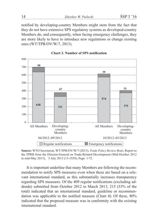 14	 Zdzisław W. Puślecki	 ŚSP 3 ’16
notified by developing-country Members might stem from the fact that
they do not have extensive SPS regulatory systems as developed-country
Members do, and consequently, when facing emergency challenges, they
are more likely to have to introduce new regulations or change existing
ones (WT/TPR/OV/W/7, 2013).
Chart 3. Number of SPS notification
800
700
600
500
400
300
200
100
0
638
331
47
58
39
31
375
574
Regular notifications Emergency notifications
04/2012–09/2012 10/2012–03/2013
Developing-
country
Members
Developing-
country
Members
All Members All Members
Source: WTO Secretariat, WT/TPR/OV/W/7 (2013), Trade Policy Review Body, Report to
the TPRB from the Director-General on Trade-Related Development (Mid-October 2012
to mid-May 2013),m5 July 2013 (13-3559), Page: 1/72.
It is important underline that many Members are following the recom-
mendation to notify SPS measures even when these are based on a rele-
vant international standard, as this substantially increases transparency
regarding SPS measures. Of the 409 regular notifications (excluding ad-
denda) submitted from October 2012 to March 2013, 215 (53% of the
total) indicated that an international standard, guideline or recommen-
dation was applicable to the notified measure (Chart 4). Of these, 80%
indicated that the proposed measure was in conformity with the existing
international standard.
 