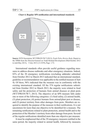 ŚSP 3 ’16	 TTIP’s implications for China	 15
Chart 4. Regular SPS notification and international standards
Relevant
international
standard
53%
None
47%
IPPC
36%
OIE
16%
Codex
48%
Source: WTO Secretariat, WT/TPR/OV/W/7 (2013), Trade Policy Review Body, Report to
the TPRB from the Director-General on Trade-Related Development (Mid-October 2012
to mid-May 2013),m5 July 2013 (13-3559), Page: 1/72.
International standards often provide useful guidance regarding mea-
sures to address disease outbreaks and other emergency situations. Indeed,
83% of the 30 emergency notifications (excluding addenda) submitted
from October 2012 to March 2013 indicated that an international standard,
guideline or recommendation was applicable to the notified measure (Chart
4). Of these, 96% indicated that the measure was in conformity with the
existing international standard. Of the 574 regular notifications submit-
ted from October 2012 to March 2013, the majority were related to food
safety and the protection of humans from animal diseases or plant pests
(WT/TPR/OV/W/7, 2013). The objective of an SPS measure falls under
one or more of the following categories: (1) food safety, (2) animal health,
(3) plant protection, (4) protect humans from animal/plant pest or disease,
and (5) protect territory from other damages from pests. Members are re-
quired to identify the purpose of the measure in their notifications. It is not
uncommon for more than one objective to be identified for a measure. The
remaining notifications related to plant protection, animal health and to the
protection of the Member’s territory from other damage from pests. Several
of the regular notifications identified more than one objective per measure.
It must be emphasized that of the 39 emergency measures notified in the
same period, the majority related to animal health, followed by measures
 